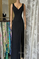 Vintage Fashion Sheath Straps Black Slit Floor Length Evening Dress Semi Formal Prom Dresses